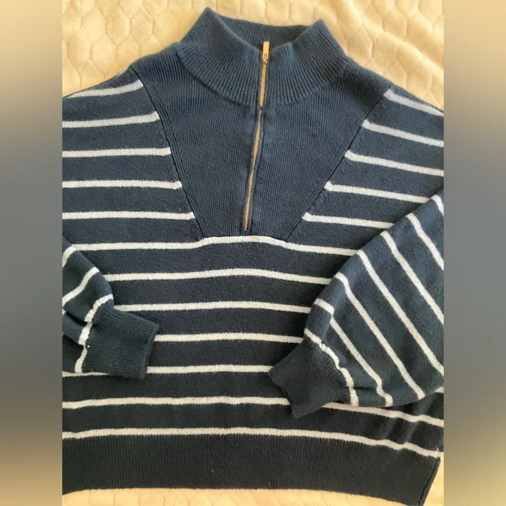 Draper James Navy Striped Half-Zip Pullover with Gold Zipper - Picture 4 of 8